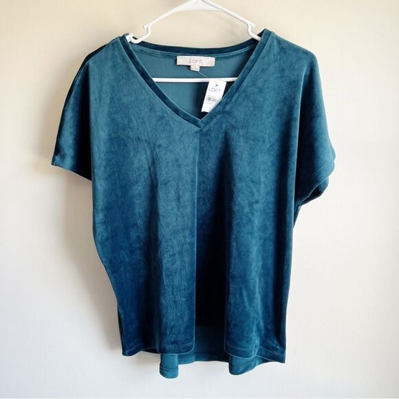 Loft Green Velvet Velour Short Sleeve V-neck Blouse NWT - Picture 1 of 5